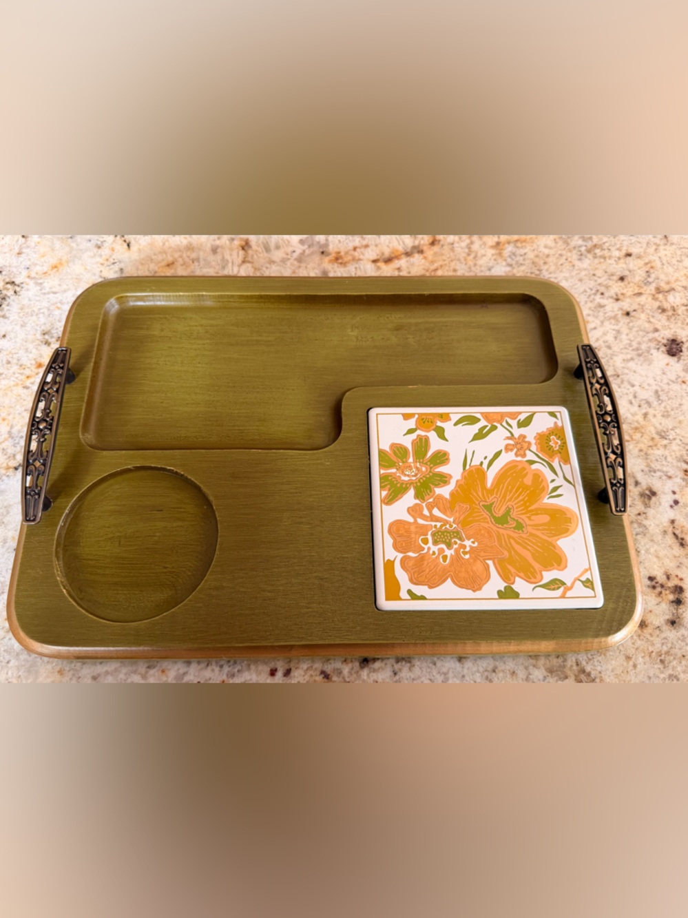 Mid century avocado Green wooden  Serving Tray with Floral Accent